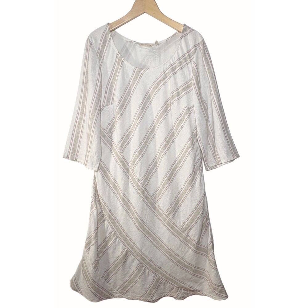 Soft Surroundings Dress PL Ivory & Tan Asymmetrical Stripe Linen Blend Lined
